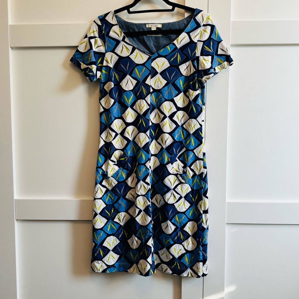 WHITE STUFF Dress VNeck S/S Blue White Geometric Cotton Pkts Like-New Size 10